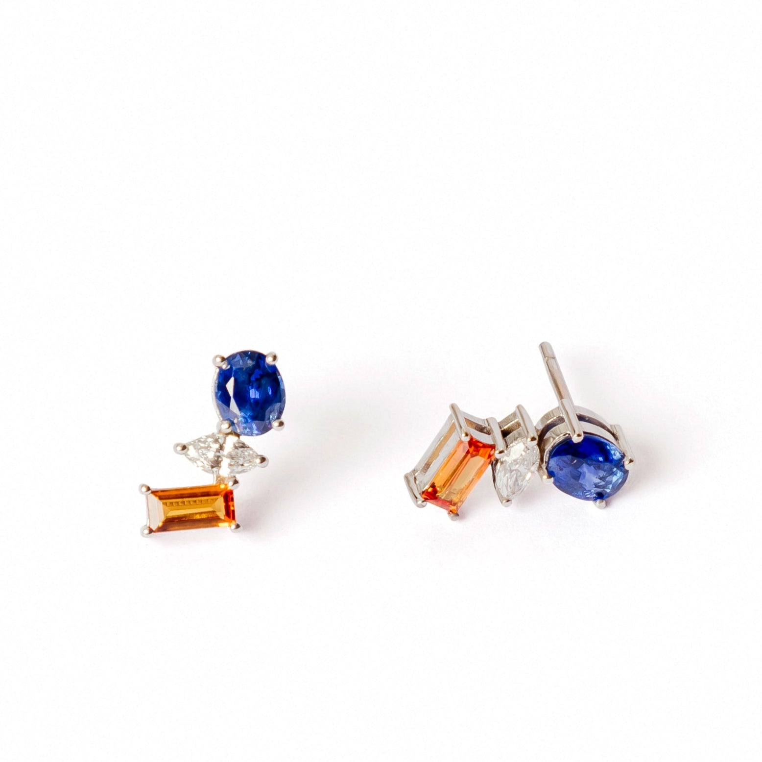 Blue Sapphire, Diamond Marquise & Orange Baguette Sapphire Earrings
