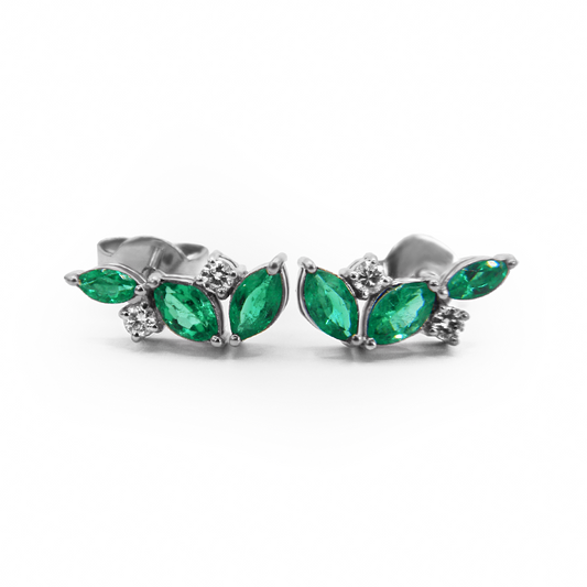 Emerald & Diamond Climber Earrings in White Gold
