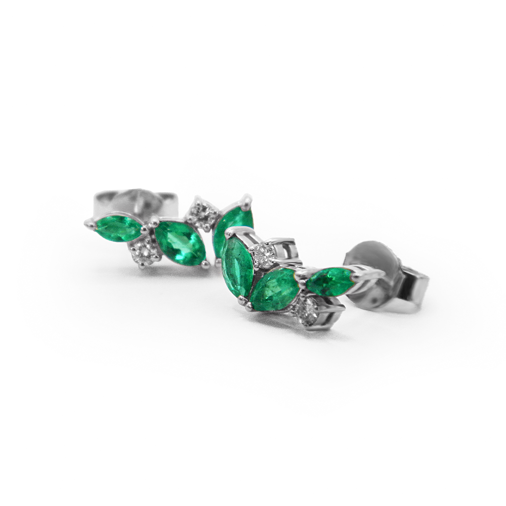 Emerald & Diamond Climber Earrings in White Gold