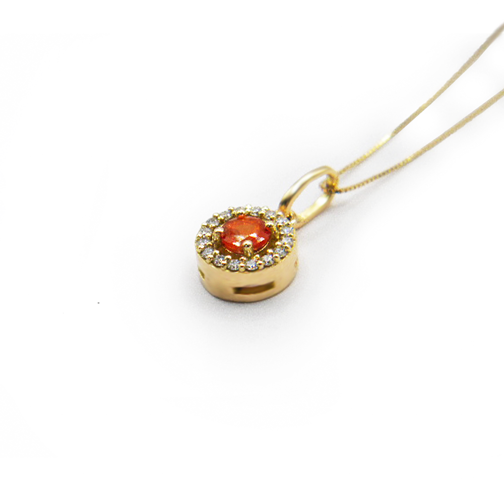 Orange Sapphire & Diamond Halo Necklace in Yellow Gold