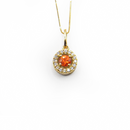Orange Sapphire & Diamond Halo Necklace in Yellow Gold