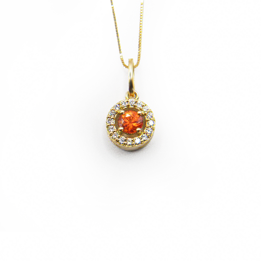 Orange Sapphire & Diamond Halo Necklace in Yellow Gold