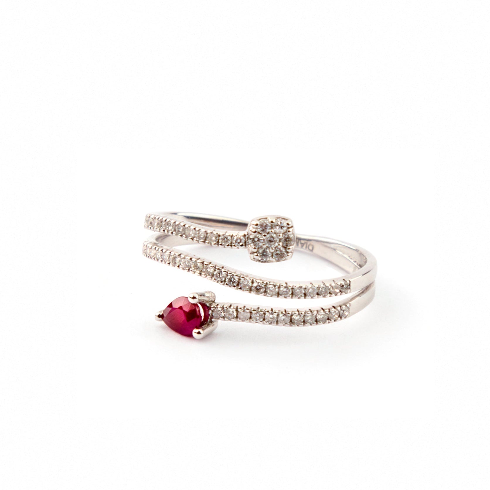 Diamond Spiral Ring with Ruby Teardrop