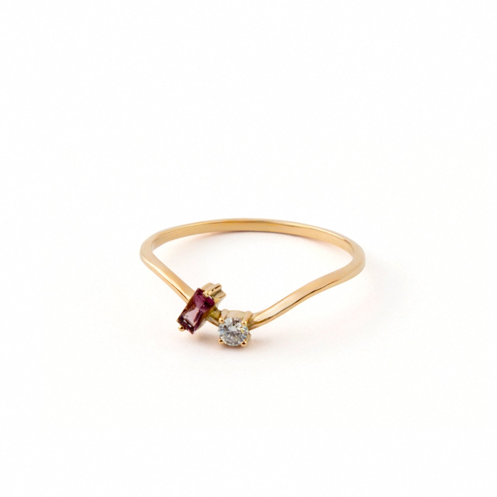 Curved Stackable Ring with Baguette Purple Tourmaline and Moissanite