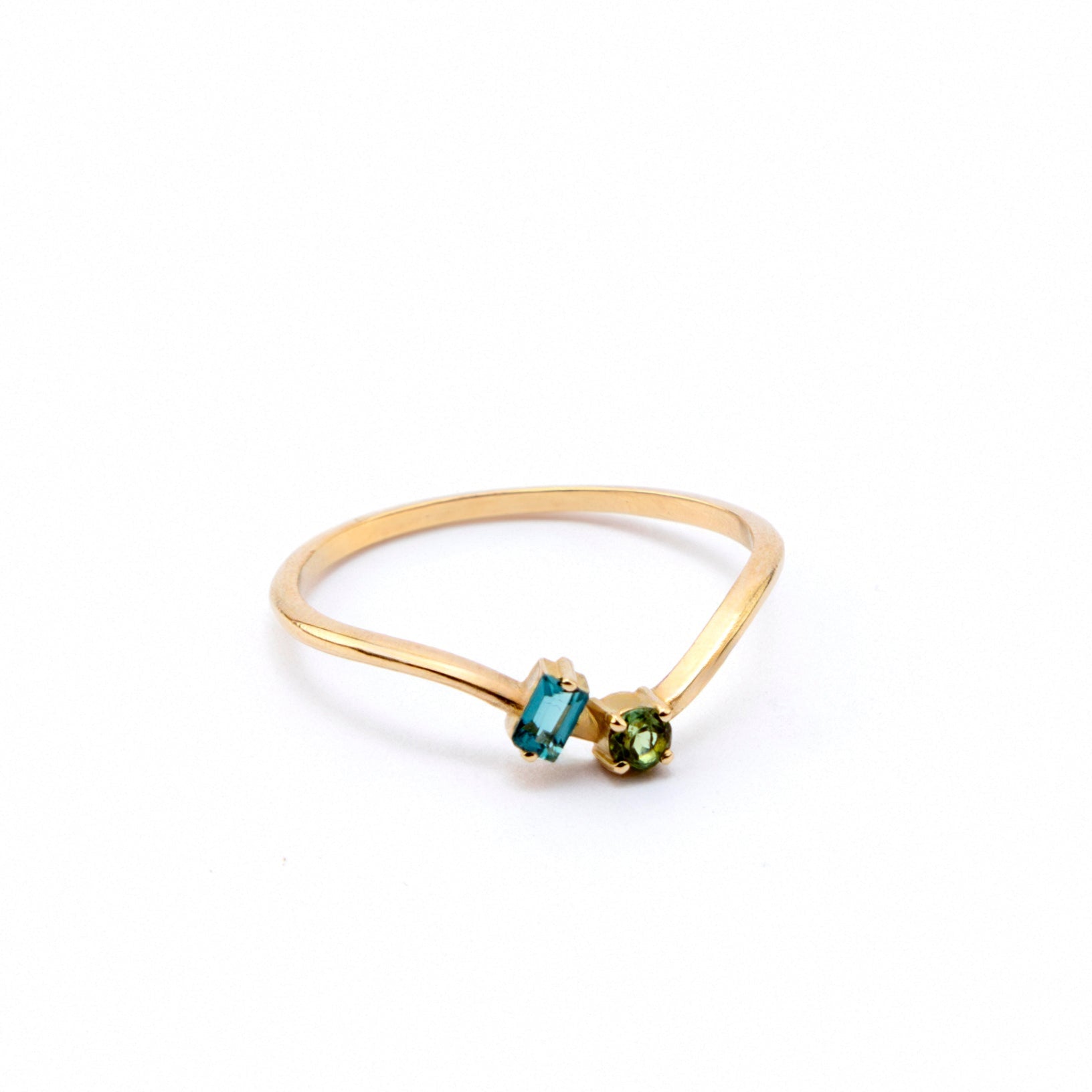 Curved Stackable Ring with Round Green and Baguette Blue Tourmaline