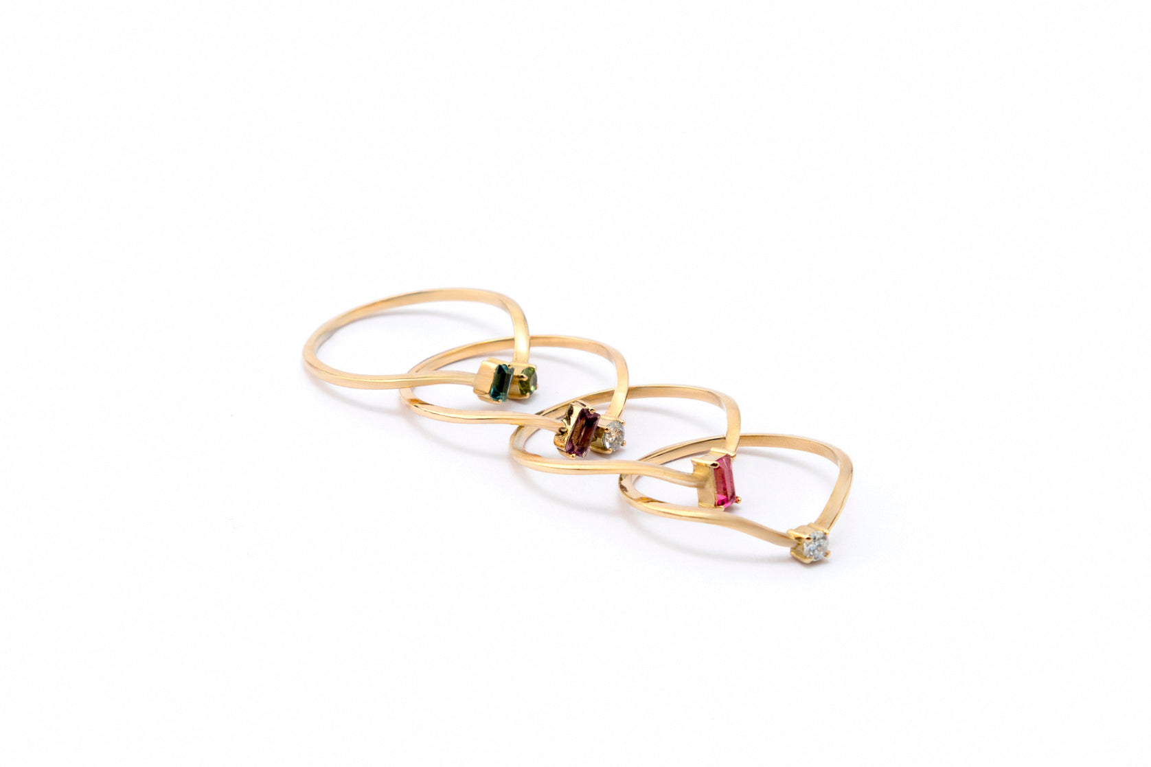 Curved Stackable Ring with Baguette Purple Tourmaline and Moissanite