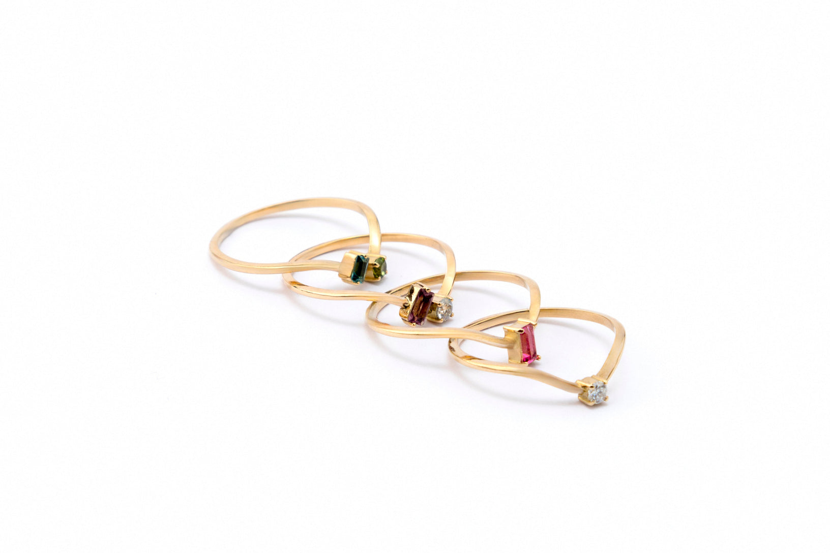 Curved Stackable Ring with Round Green and Baguette Blue Tourmaline