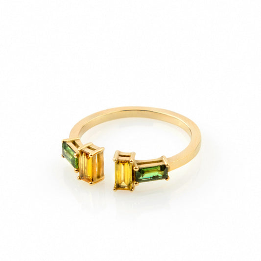 Baguette Sapphire T Ring - Green & Yellow