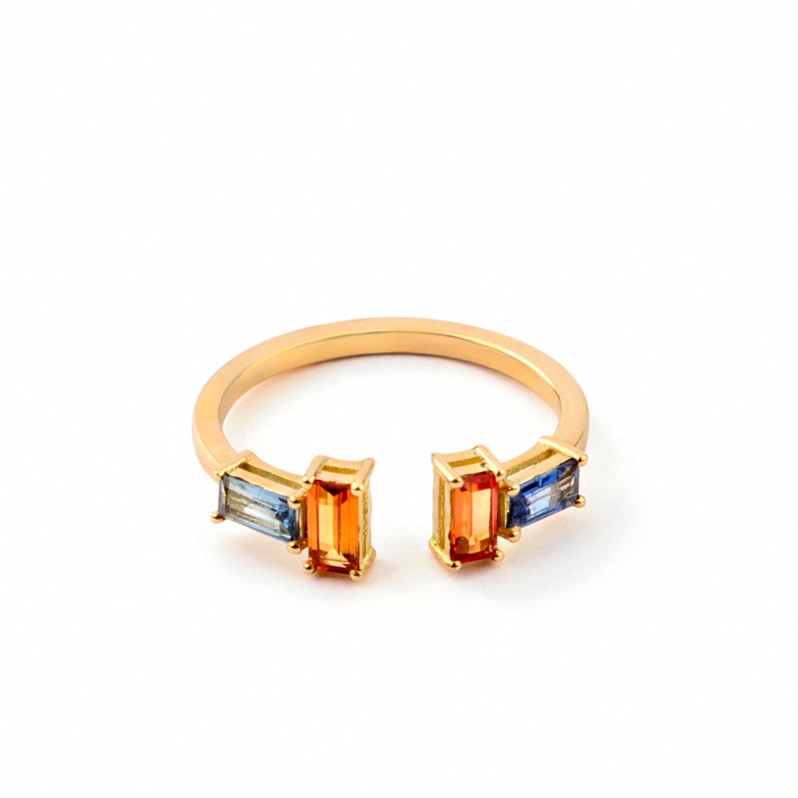 Baguette Sapphire T Ring - Orange & Blue