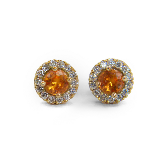 Orange Sapphire & Diamond Halo Studs