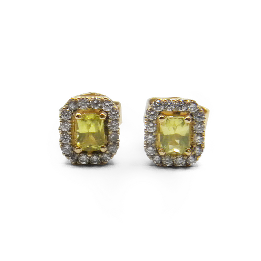 Green Sapphire Emerald Cut & Diamond Halo Studs
